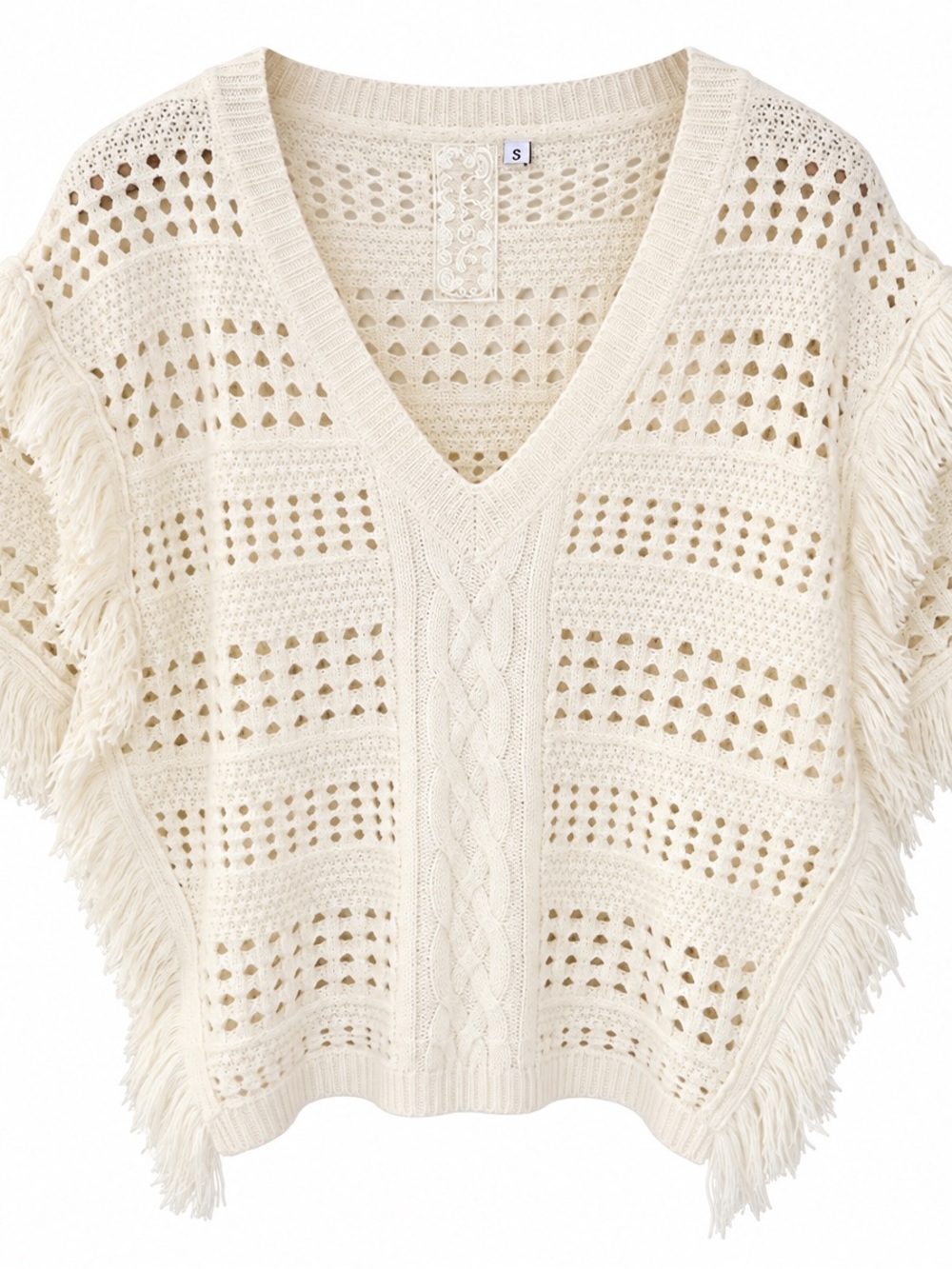 Women's Cream Crochet Knit Fringe Poncho Sweater